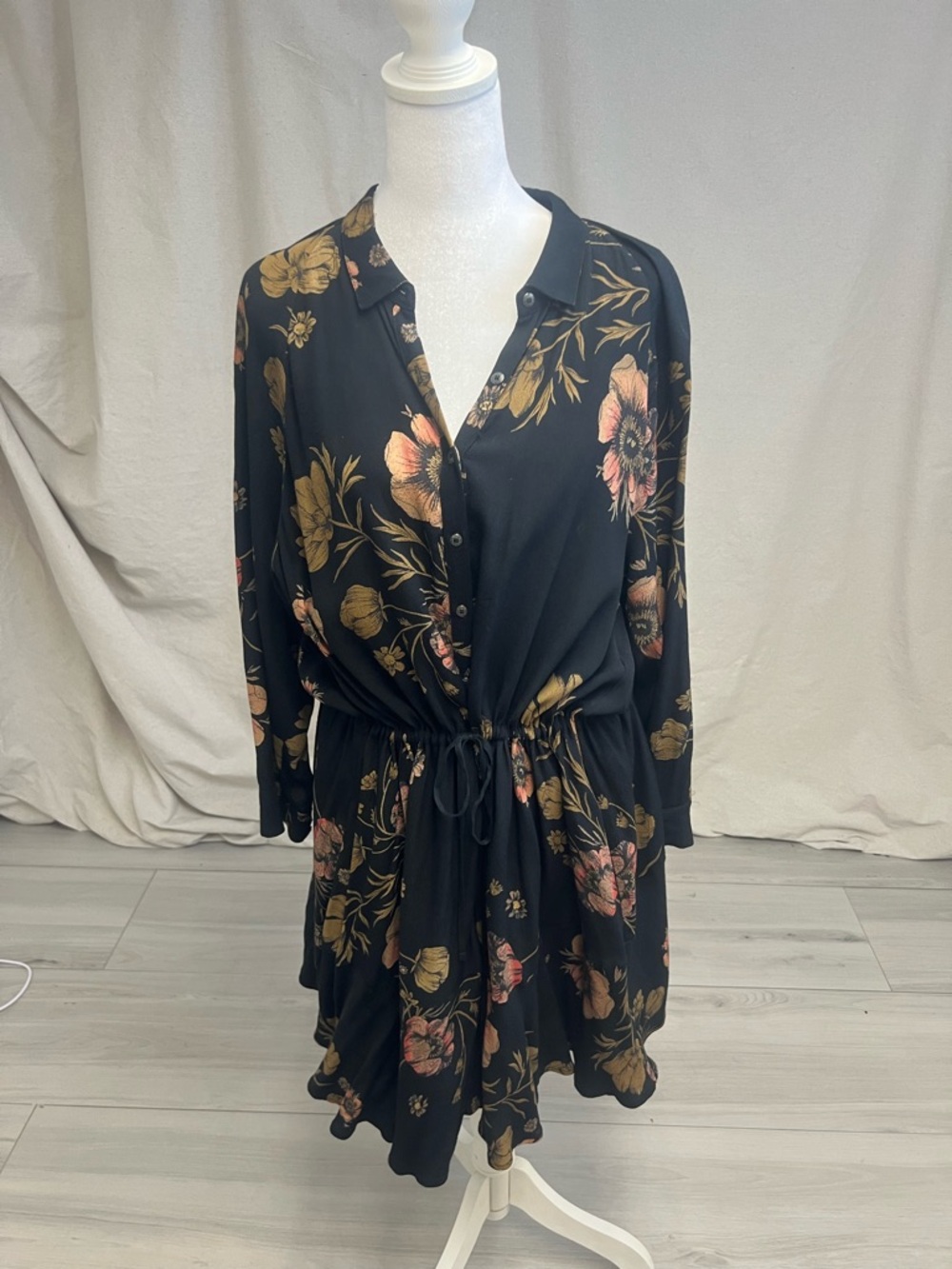 Free People Black Floral Drawstring Mini Dress Sz SP Boho Festival Romantic Goth